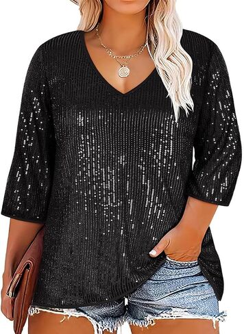 قمصان TIYOMI مقاس كبير مطرزة بالترتر للنساء 3/4 كم للحفلات مقاس XL-5XL in Saudi Arabia