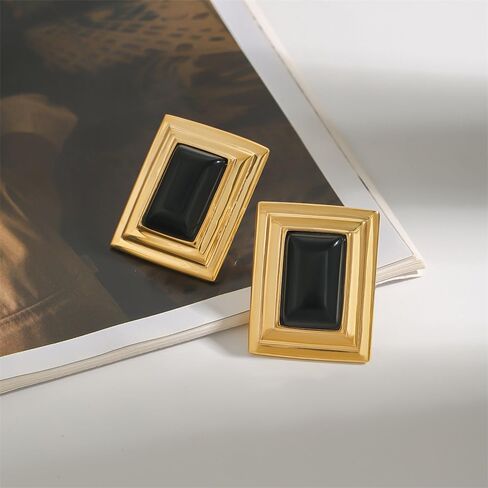 Vintage Rectangle Black Onyx Stud Earrings for Women Dainty Stainless Steel 14k Gold Plated Minimalist Thick Square Geometry Statement Studs Sensitive Ears Hypoallergenic Trendy Fashion Jewelry in Saudi Arabia