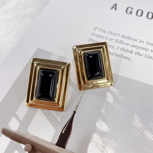 Vintage Rectangle Black Onyx Stud Earrings for Women Dainty Stainless Steel 14k Gold Plated Minimalist Thick Square Geometry Statement Studs Sensitive Ears Hypoallergenic Trendy Fashion Jewelry in Saudi Arabia