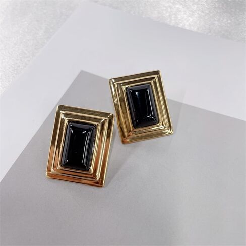 Vintage Rectangle Black Onyx Stud Earrings for Women Dainty Stainless Steel 14k Gold Plated Minimalist Thick Square Geometry Statement Studs Sensitive Ears Hypoallergenic Trendy Fashion Jewelry in Saudi Arabia