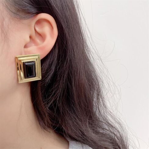 Vintage Rectangle Black Onyx Stud Earrings for Women Dainty Stainless Steel 14k Gold Plated Minimalist Thick Square Geometry Statement Studs Sensitive Ears Hypoallergenic Trendy Fashion Jewelry in Saudi Arabia