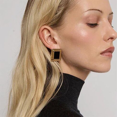 Vintage Rectangle Black Onyx Stud Earrings for Women Dainty Stainless Steel 14k Gold Plated Minimalist Thick Square Geometry Statement Studs Sensitive Ears Hypoallergenic Trendy Fashion Jewelry in Saudi Arabia
