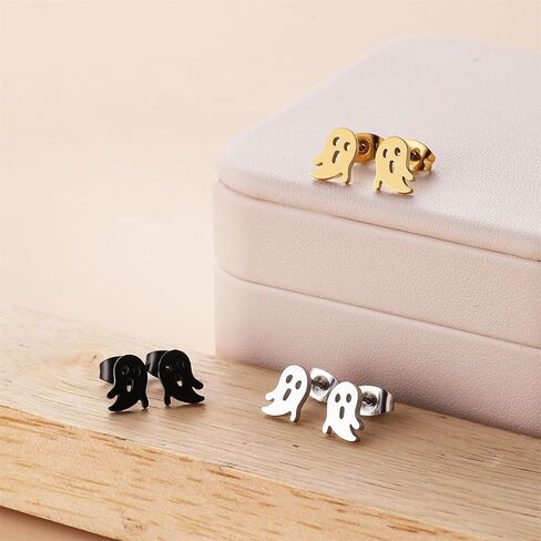 WCRAZYE 4 Pairs Pumpkin Ghost Stud Earrings for Women Stainless Steel Halloween Minimalist Asymmetric Small Skull Pumpkin Cartilage Earring Studs Hypoallergenic Cute Jewelry Halloween Gifts in Saudi Arabia