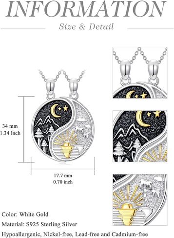 مطابقة يين يانغ قلادة 925 الفضة الاسترليني موجة الجبل قلادة مطابقة له ولها قلادة الصداقة، مطابقة الهدايا والمجوهرات للأزواج الأخت صديق الذكرى السنوية عيد ميلاد عيد الميلاد in Kuwait