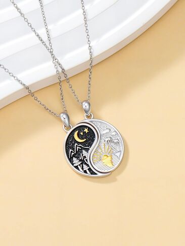 مطابقة يين يانغ قلادة 925 الفضة الاسترليني موجة الجبل قلادة مطابقة له ولها قلادة الصداقة، مطابقة الهدايا والمجوهرات للأزواج الأخت صديق الذكرى السنوية عيد ميلاد عيد الميلاد in Kuwait