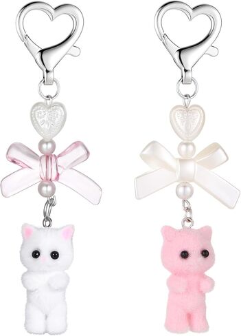 2 PCS Cute Cat Keychain, White and Pink Fuzzy Kitty Keychains Cute Cat Keychain Purse Charms, Aesthetic Y2k Keychains Heart Bow Pendent Cats Decor Gifts Pendent for Women Girls Kawaii Cats Bag Charm in Saudi Arabia
