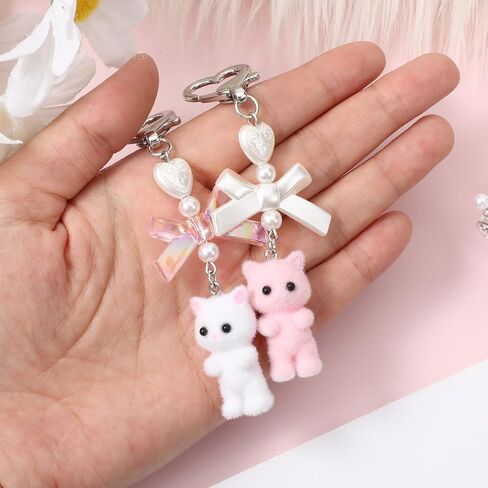 2 PCS Cute Cat Keychain, White and Pink Fuzzy Kitty Keychains Cute Cat Keychain Purse Charms, Aesthetic Y2k Keychains Heart Bow Pendent Cats Decor Gifts Pendent for Women Girls Kawaii Cats Bag Charm in Saudi Arabia
