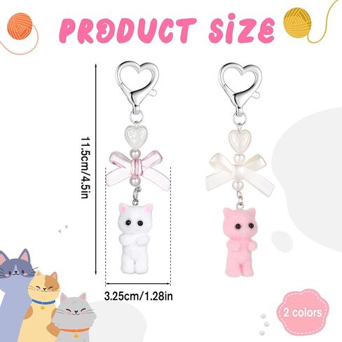 2 PCS Cute Cat Keychain, White and Pink Fuzzy Kitty Keychains Cute Cat Keychain Purse Charms, Aesthetic Y2k Keychains Heart Bow Pendent Cats Decor Gifts Pendent for Women Girls Kawaii Cats Bag Charm in Saudi Arabia