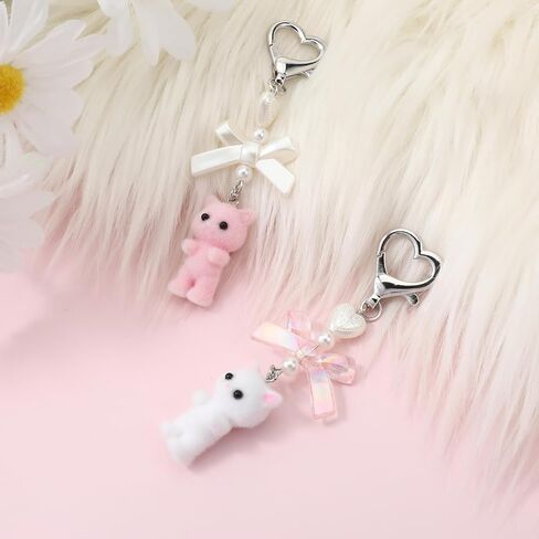 2 PCS Cute Cat Keychain, White and Pink Fuzzy Kitty Keychains Cute Cat Keychain Purse Charms, Aesthetic Y2k Keychains Heart Bow Pendent Cats Decor Gifts Pendent for Women Girls Kawaii Cats Bag Charm in Saudi Arabia