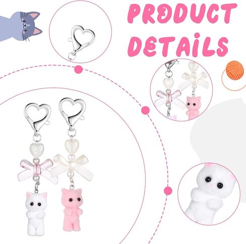 2 PCS Cute Cat Keychain, White and Pink Fuzzy Kitty Keychains Cute Cat Keychain Purse Charms, Aesthetic Y2k Keychains Heart Bow Pendent Cats Decor Gifts Pendent for Women Girls Kawaii Cats Bag Charm in Saudi Arabia