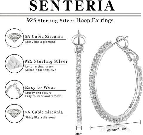 Senteria 925 فضة هوب أقراط حجر الراين الأطواق أقراط كبيرة كبيرة الأطواق أقراط للنساء 30/40/50/60mm سباركلي مكعب زركونيا هوب القرط in Kuwait