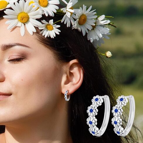 Daisy Flower Earrings For Women, Birth Flower Birthstone Hoop Earrings For Daughter Mother Mom, Sterling S925 Silver, I Think Of You Every Daisy in Saudi Arabia