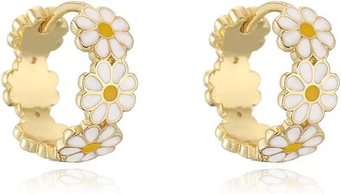 Cute Daisy Flower Hoop Earrings for Women Dainty Yellow White Enamel Lucky Floral Small Huggie Hoops Hypoallergenic Fashion Jewelry for Her Daughter in Saudi Arabia