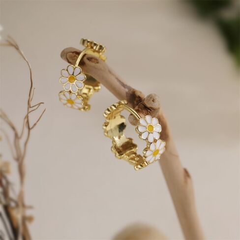 Cute Daisy Flower Hoop Earrings for Women Dainty Yellow White Enamel Lucky Floral Small Huggie Hoops Hypoallergenic Fashion Jewelry for Her Daughter in Saudi Arabia