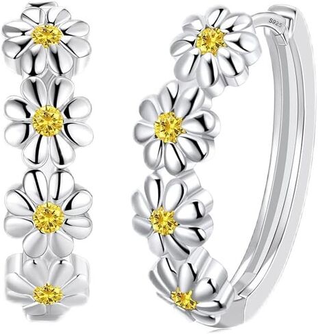 Daisy Flower Earrings For Women, Birth Flower Birthstone Hoop Earrings For Daughter Mother Mom, Sterling S925 Silver, I Think Of You Every Daisy in Saudi Arabia