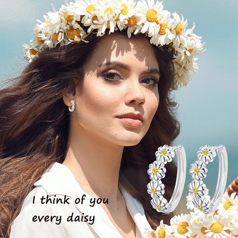 Daisy Flower Earrings For Women, Birth Flower Birthstone Hoop Earrings For Daughter Mother Mom, Sterling S925 Silver, I Think Of You Every Daisy in Saudi Arabia