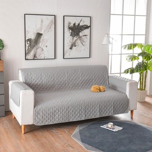 Quilted Fleece Sofa Cover with Elastic Straps Solid Color Warm Cozy Couch Covers Washable Fuzzy Plush Sofa Slipcover with Non Slip for Dogs, Children, Pets Furniture Protector (Grey, Large) in Saudi Arabia