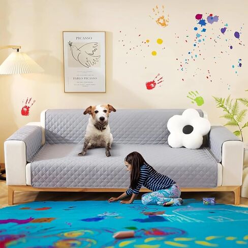 Quilted Fleece Sofa Cover with Elastic Straps Solid Color Warm Cozy Couch Covers Washable Fuzzy Plush Sofa Slipcover with Non Slip for Dogs, Children, Pets Furniture Protector (Grey, Large) in Saudi Arabia
