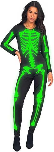 Halloween Skeleton Costume for Women - Glow in the Dark Front and Back Print Zip Up Jumpsuit Cosplay in Saudi Arabia