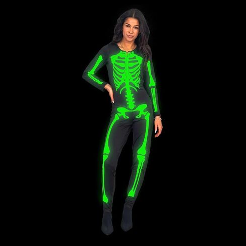 Halloween Skeleton Costume for Women - Glow in the Dark Front and Back Print Zip Up Jumpsuit Cosplay in Saudi Arabia