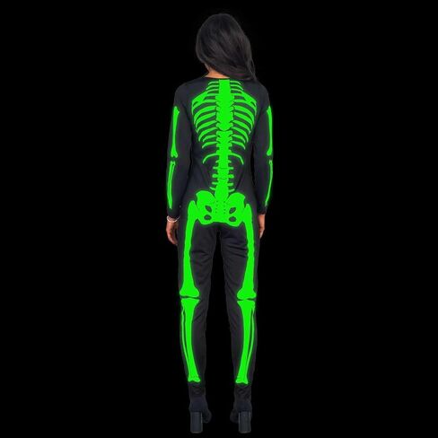 Halloween Skeleton Costume for Women - Glow in the Dark Front and Back Print Zip Up Jumpsuit Cosplay in Saudi Arabia