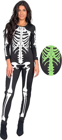 Halloween Skeleton Costume for Women - Glow in the Dark Front and Back Print Zip Up Jumpsuit Cosplay in Saudi Arabia