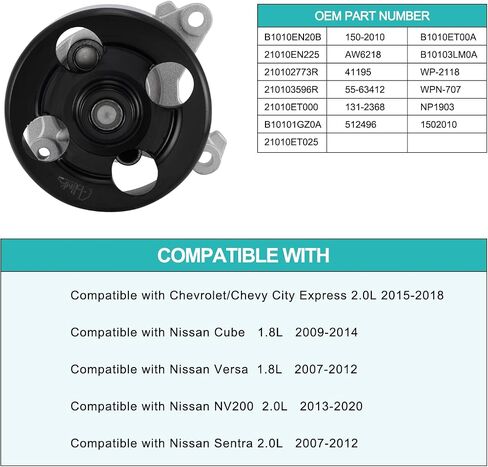 مضخة مياه AW6218 1.8L 2.0L لسيارة تشيفي/شيفروليه سيتي إكسبريس 2015-2018، نيسان كيوب 2009-2014، سينترا فيرسا 2007-2012، NV200 2013-2020 21010EN225 B1010EN20B 55-63412 131-2368 150-2010 in Saudi Arabia