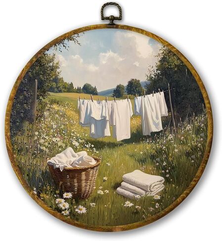 Mcehtle Vintage Farmhouse Country Wall Art Decor, Retro Cottagecore Laundry Day Framed Canvas Prints 10x10, Rustic Landscape Round Wall Hanging Artwork Decorations for Home Bedroom Living Room in Saudi Arabia