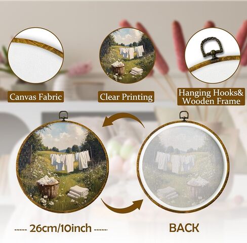 Mcehtle Vintage Farmhouse Country Wall Art Decor, Retro Cottagecore Laundry Day Framed Canvas Prints 10x10, Rustic Landscape Round Wall Hanging Artwork Decorations for Home Bedroom Living Room in Saudi Arabia