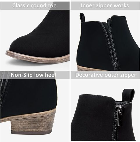 Women's Ankle Boots, Casual Round Toe Low Heel Zip Short Booties | Comfortable city dressy booties, functional inner zipper, decorative outer zip, for office, travel, jeans and dresses in Saudi Arabia