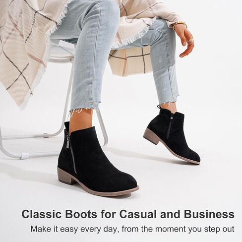 Women's Ankle Boots, Casual Round Toe Low Heel Zip Short Booties | Comfortable city dressy booties, functional inner zipper, decorative outer zip, for office, travel, jeans and dresses in Saudi Arabia