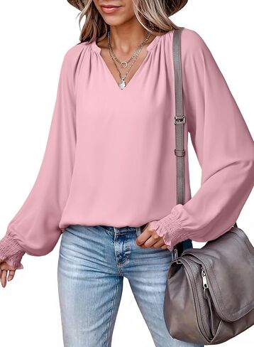 Dokotoo Womens Blouses Fashion Long Sleeve V Neck Casual Chiffon Shirts Tops Summer Outfits Clothes 2024 in Saudi Arabia