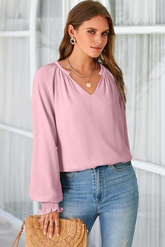 Dokotoo Womens Blouses Fashion Long Sleeve V Neck Casual Chiffon Shirts Tops Summer Outfits Clothes 2024 in Saudi Arabia