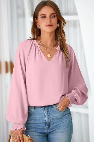 Dokotoo Womens Blouses Fashion Long Sleeve V Neck Casual Chiffon Shirts Tops Summer Outfits Clothes 2024 in Saudi Arabia