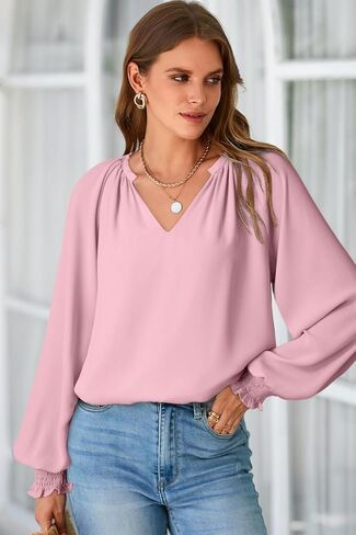 Dokotoo Womens Blouses Fashion Long Sleeve V Neck Casual Chiffon Shirts Tops Summer Outfits Clothes 2024 in Saudi Arabia