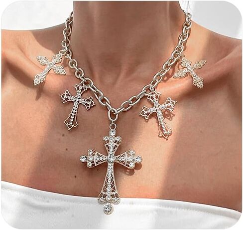Exaggerated Chunky Cross Pendant Necklace for Women, Fashionable Thick Hip-Hop Cross Zircon Collarbone Choker,Personalized Birthday Anniversary Jewelry Gift in Saudi Arabia