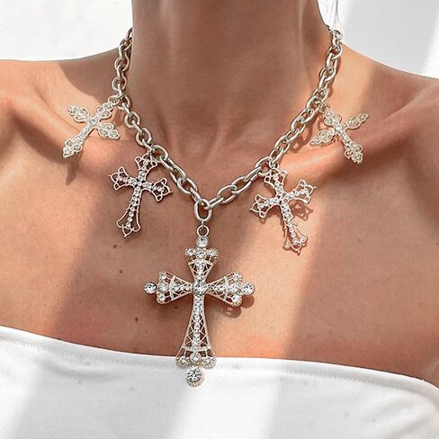 Exaggerated Chunky Cross Pendant Necklace for Women, Fashionable Thick Hip-Hop Cross Zircon Collarbone Choker,Personalized Birthday Anniversary Jewelry Gift in Saudi Arabia