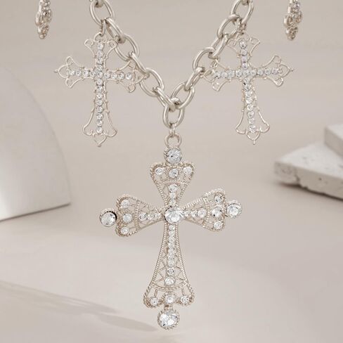 Exaggerated Chunky Cross Pendant Necklace for Women, Fashionable Thick Hip-Hop Cross Zircon Collarbone Choker,Personalized Birthday Anniversary Jewelry Gift in Saudi Arabia