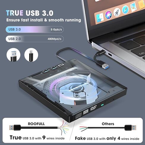 محرك الأقراص المضغوطة الخارجي لـ Roofull CDD لجهاز الكمبيوتر المحمول MAC ، USB 3.0 و USB-C 13 ملم محمولة للغاية CDD DVD Burner Construct Player ROM +/- RW DIRC COMP in Kuwait