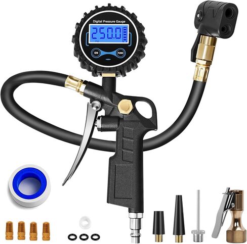 Digital Tire Pressure Gauge with Inflator, 250 PSI Heavy Duty Air Chuck Air Compressor Attachments, Improved Leaks Protection & Extended Hose Tire Gauge, 0.1 Display Resolution, with Carrying Case in Saudi Arabia