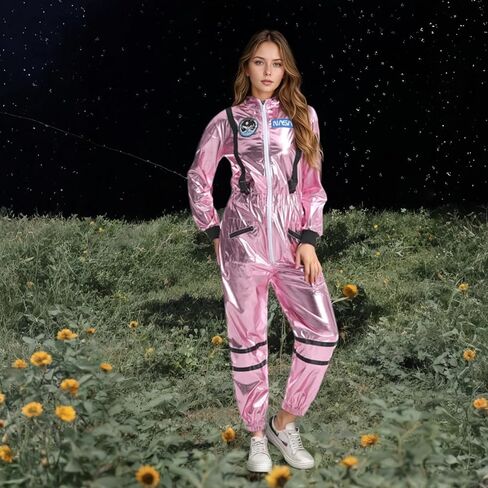 زي رائد الفضاء LMYOVE للنساء بأكمام طويلة مع حزام قابل للتعديل ورقع لحفلات الهالوين التنكرية in Kuwait