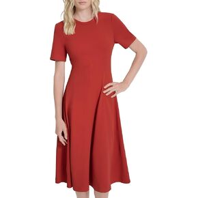 DKNY Women's Short Sleeve Jewel Neck Scuba Crepe Flounce Hem Midi Dress in Saudi Arabia