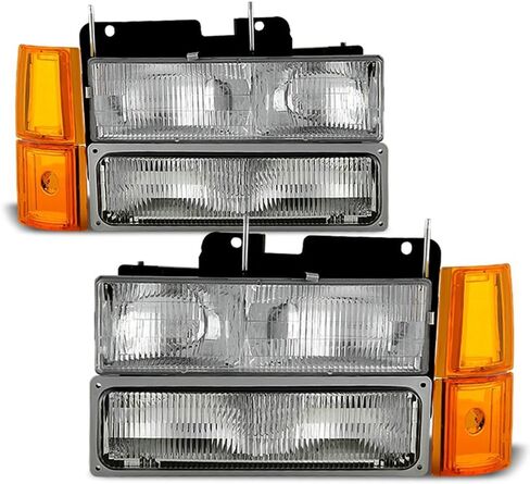 مجموعة المصابيح الأمامية متوافقة مع 1994 1995 1996 1997 1998 Chevy Silverado C/K 1500 2500 3500 سوبربان، 95-99 مصباح أمامي تاهو مع ضوء ممتص للصدمات، طراز المصنع in Kuwait