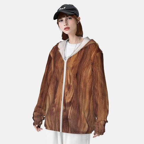 Men's UPF 50+ Light Jacket Brown Wood Grain Sun Protection Hoodie Long Sleeve Sun Shirts for Women in Saudi Arabia