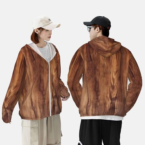 Men's UPF 50+ Light Jacket Brown Wood Grain Sun Protection Hoodie Long Sleeve Sun Shirts for Women in Saudi Arabia