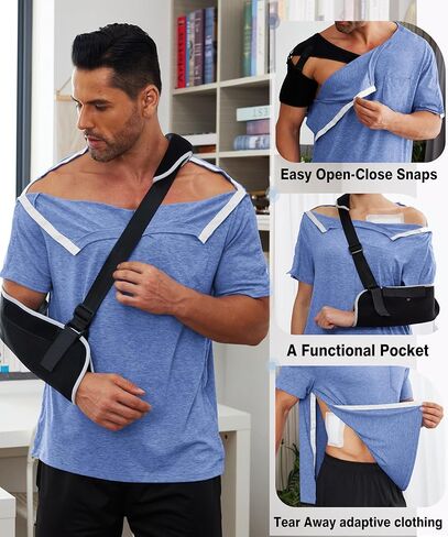 Deyeek Men's Post Shoulder Surgery Shirts Recovery Tear Away Short Sleeve Full Open Side Snap Adaptive Chemo Clothing in Kuwait