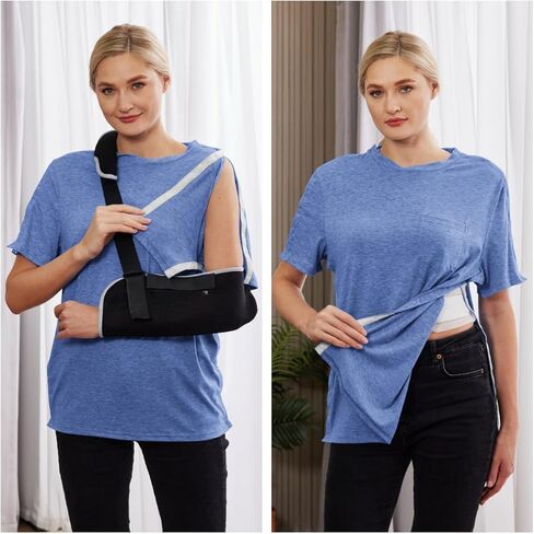 Deyeek Men's Post Shoulder Surgery Shirts Recovery Tear Away Short Sleeve Full Open Side Snap Adaptive Chemo Clothing in Kuwait