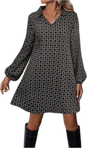 SOLY HUX Women's Collar V Neck Mini Dress Long Sleeve A Line Loose Fit Work Office Flowy Dresses in Saudi Arabia