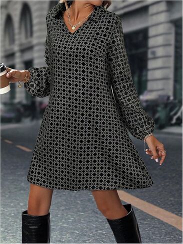 SOLY HUX Women's Collar V Neck Mini Dress Long Sleeve A Line Loose Fit Work Office Flowy Dresses in Saudi Arabia