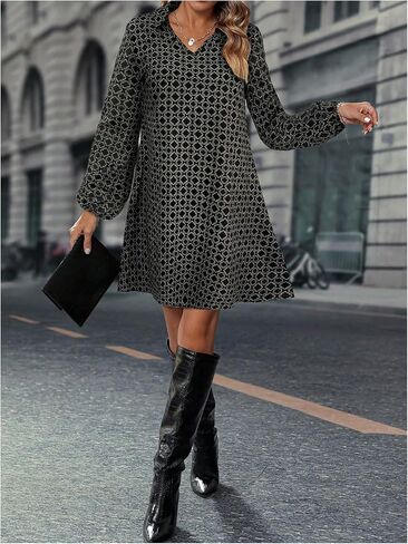 SOLY HUX Women's Collar V Neck Mini Dress Long Sleeve A Line Loose Fit Work Office Flowy Dresses in Saudi Arabia